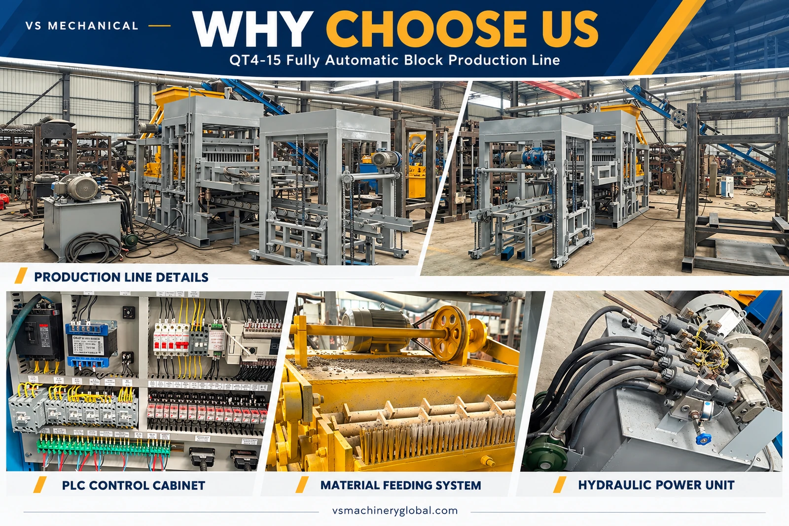 QT4-15 production line overview with control cabinet, feeding system and hydraulic unit details.